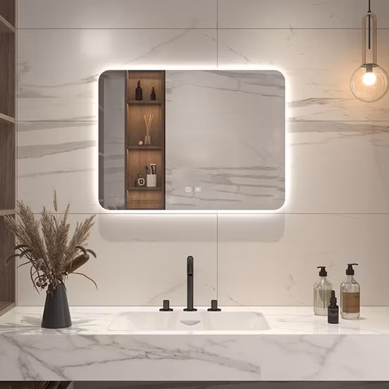 Parete di fabbrica Decorazioni per la casa Decorazione Mobili per saloni Trucco Cosmetici Smart Vanity Bagno Illuminato Specchio retroilluminato a LED con luci Antiappannante Bluetooth